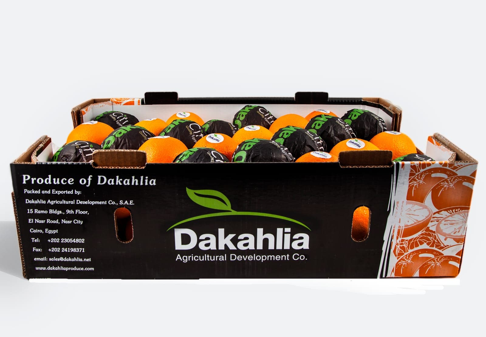 Front view of a Dakahlia open-top carton filled with Valencia oranges