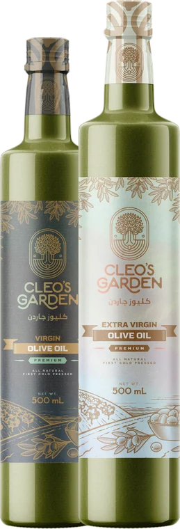 Cleo's Garden extra virgin and virgin olive oil, 500 ml bottles