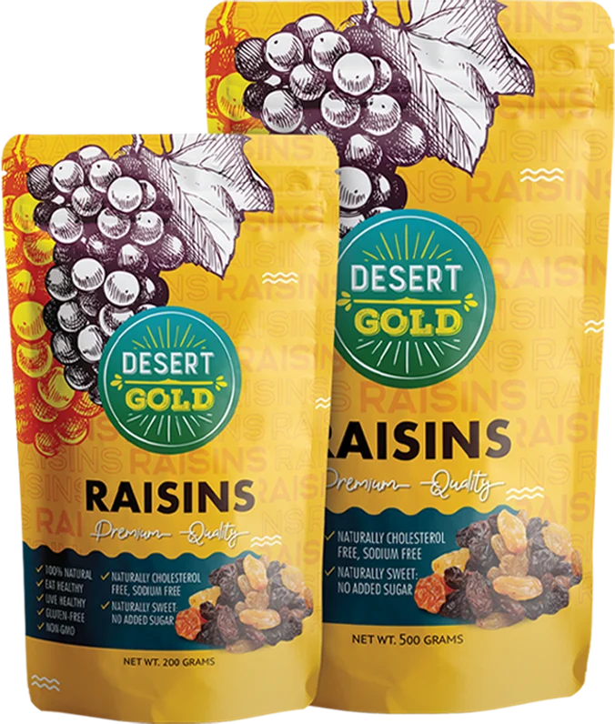 Desert Gold raisins in 200 g and 500 g doypacks